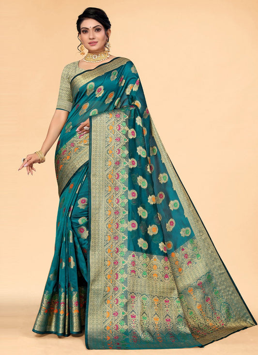 Classic Organza Teal Woven Saree