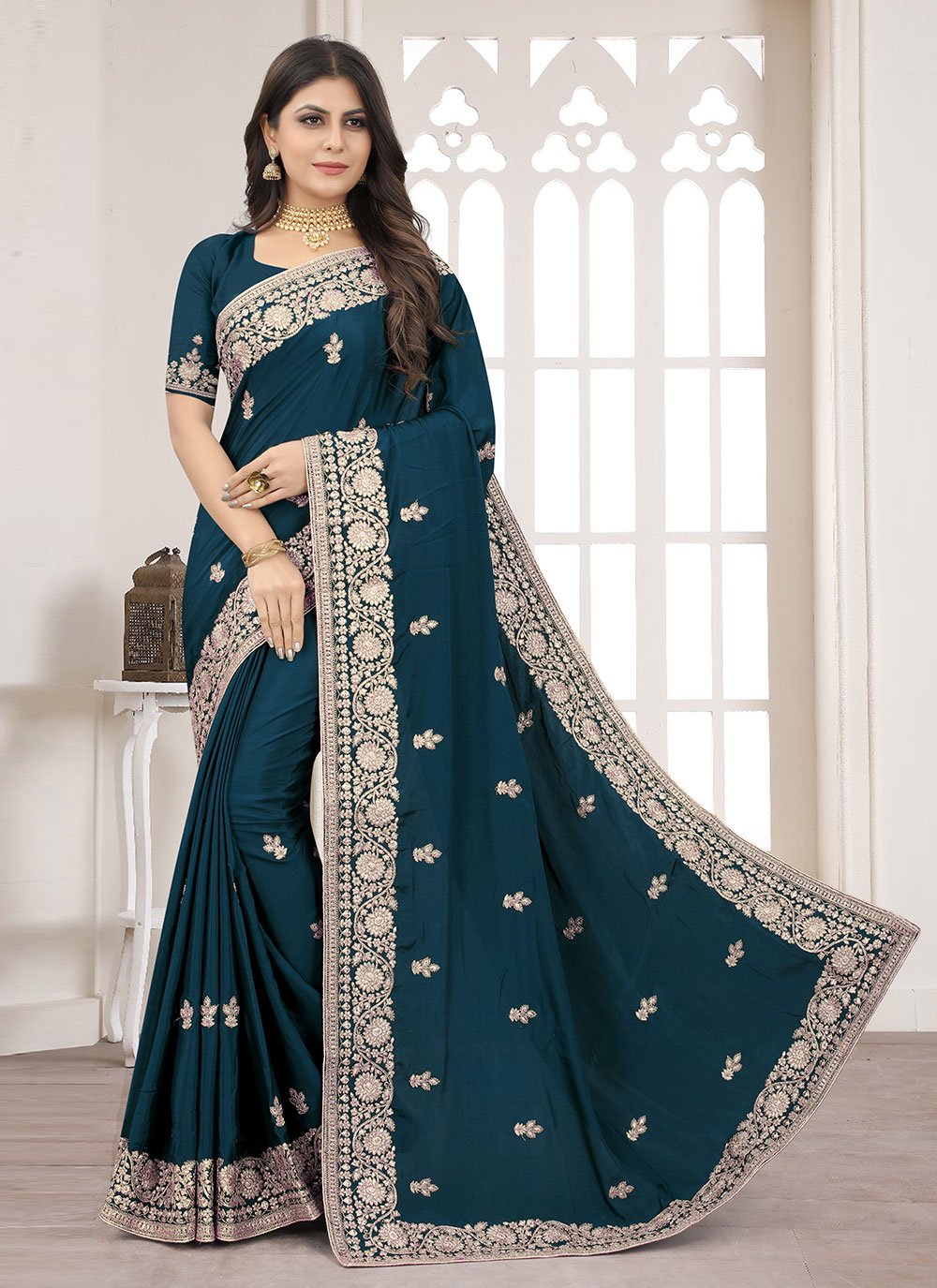 Classic Crepe Silk Teal Embroidered Saree