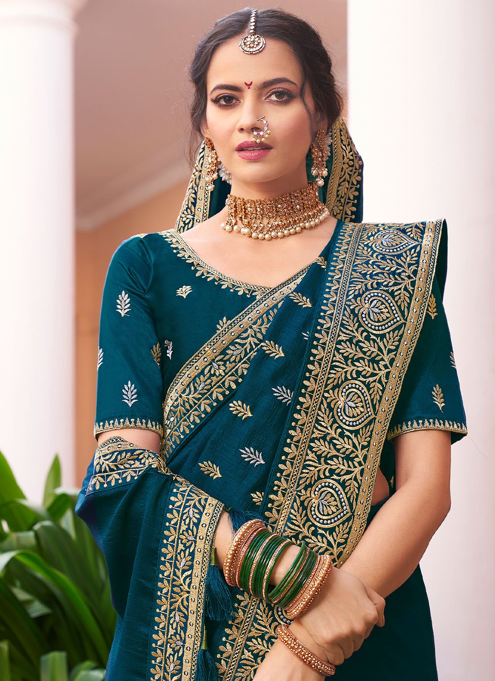 Classic Vichitra Silk Teal Embroidered Saree