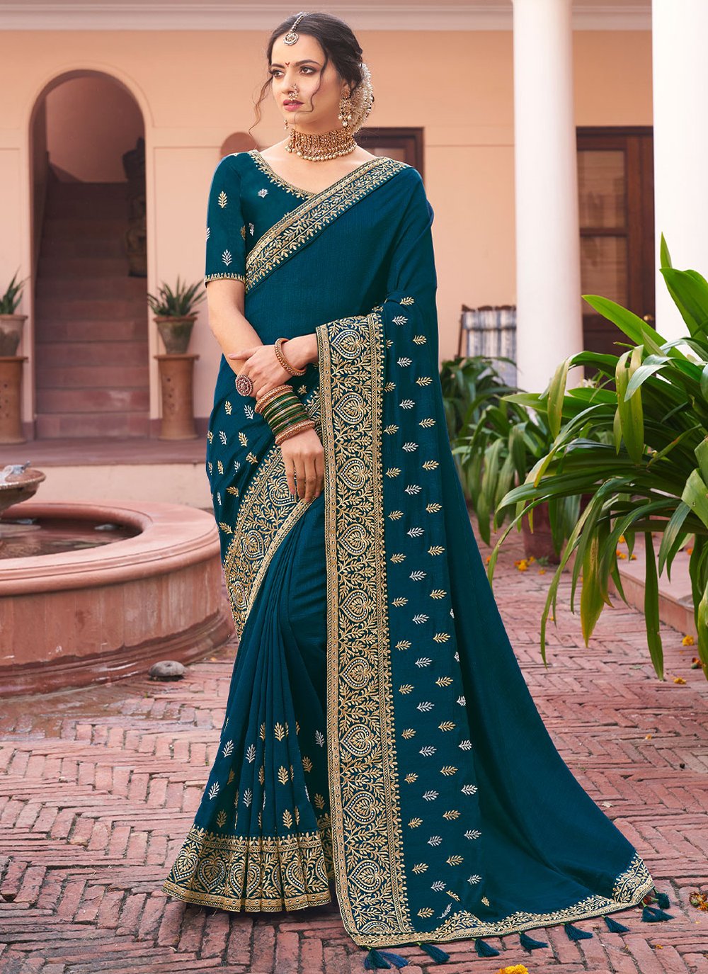 Classic Vichitra Silk Teal Embroidered Saree