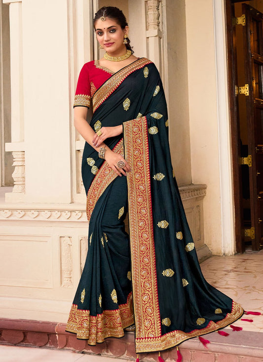 Classic Vichitra Silk Teal Embroidered Saree