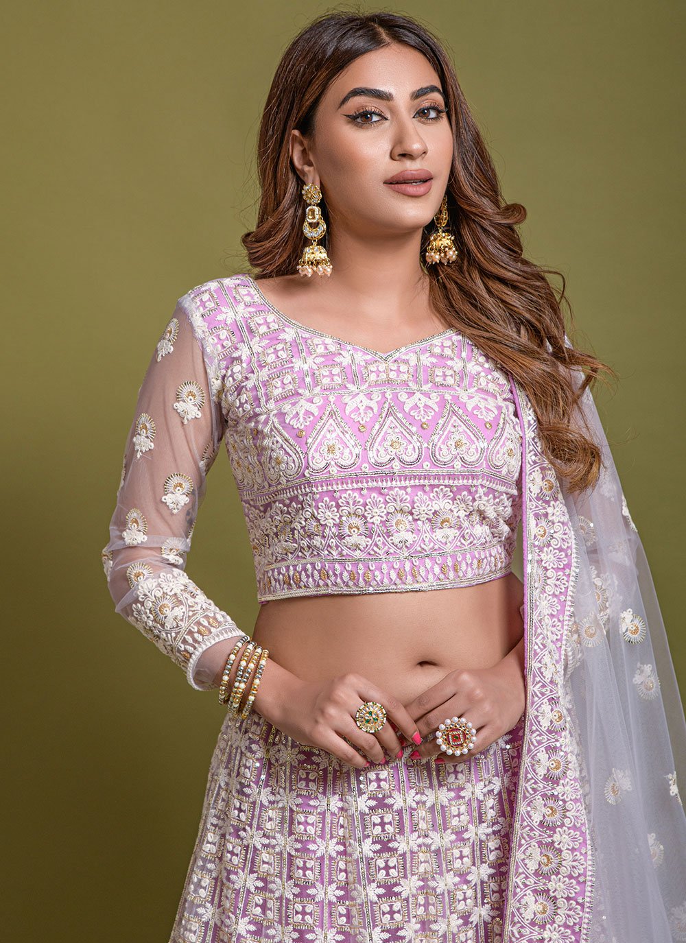 A Line Lehenga Net Lavender Embroidered Lehenga Choli