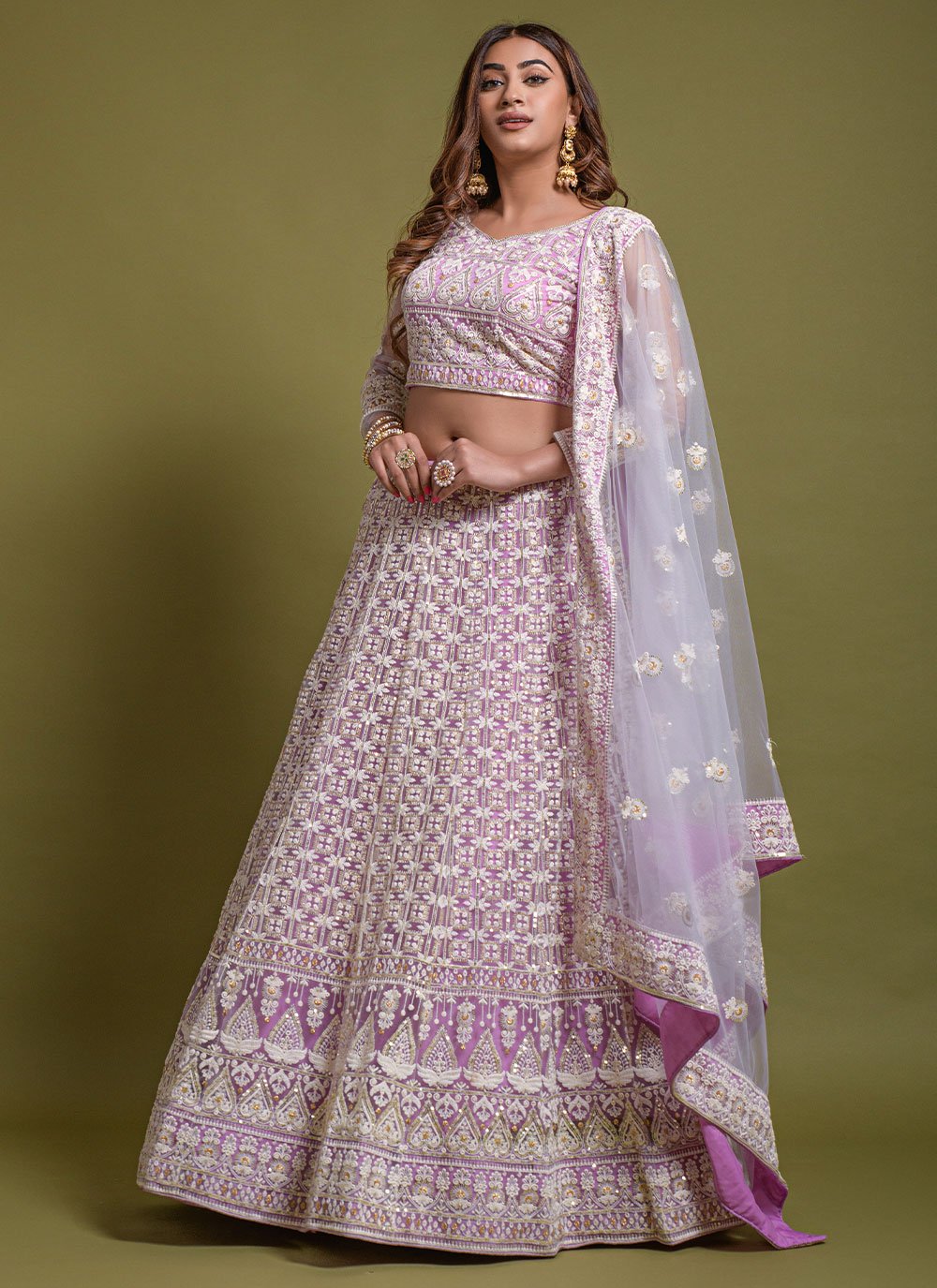 A Line Lehenga Net Lavender Embroidered Lehenga Choli