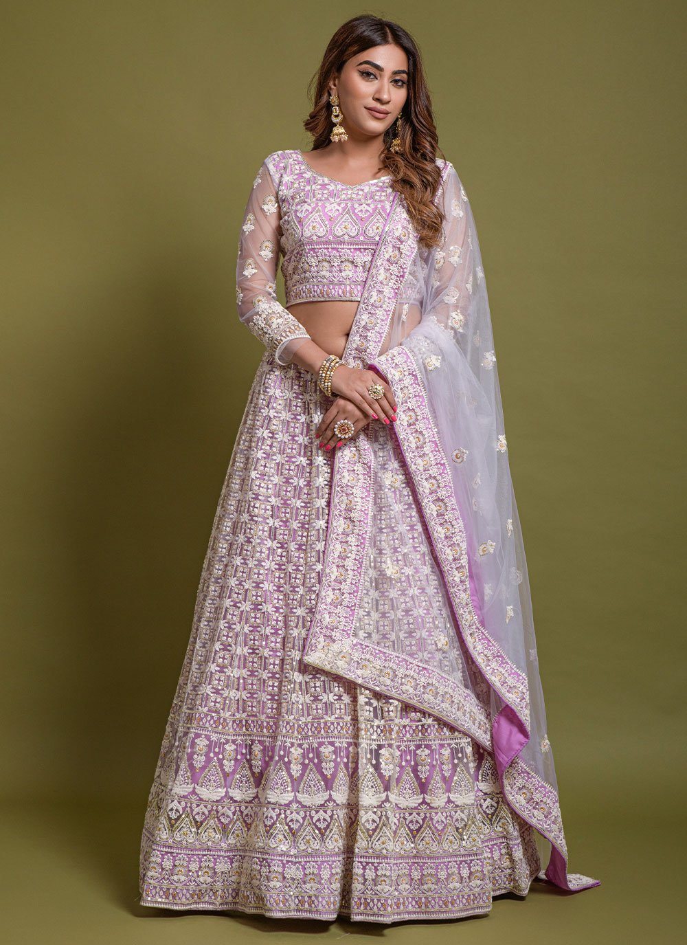 A Line Lehenga Net Lavender Embroidered Lehenga Choli