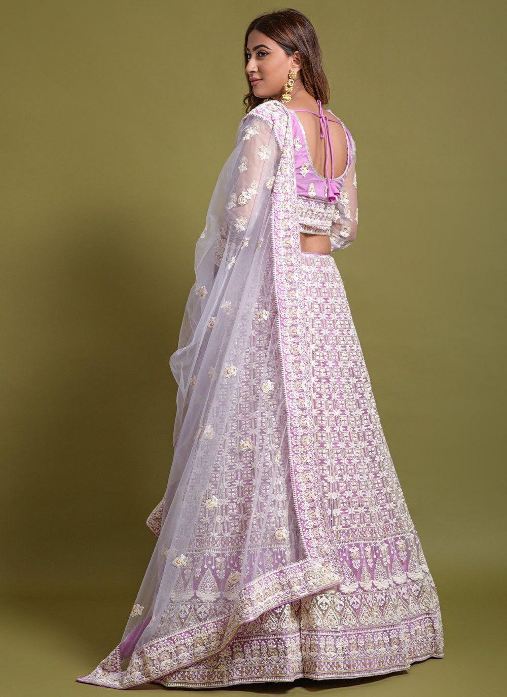 A Line Lehenga Net Lavender Embroidered Lehenga Choli