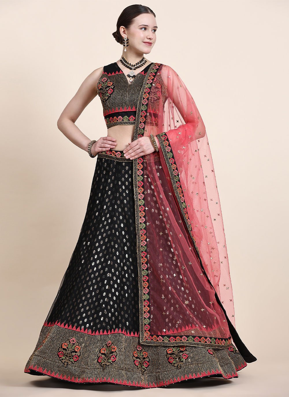 A Line Lehenga Banglori Silk Foil Net Black Multi Lehenga Choli