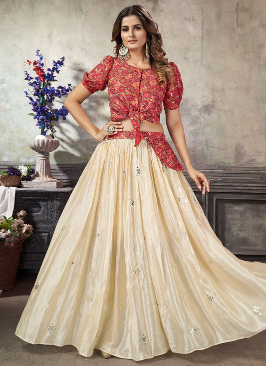 A Line Lehenga Art Silk Off White Embroidered Lehenga Choli