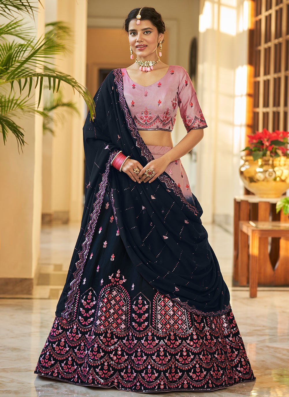 A Line Lehenga Art Silk Blue Mauve Teal Embroidered Lehenga Choli