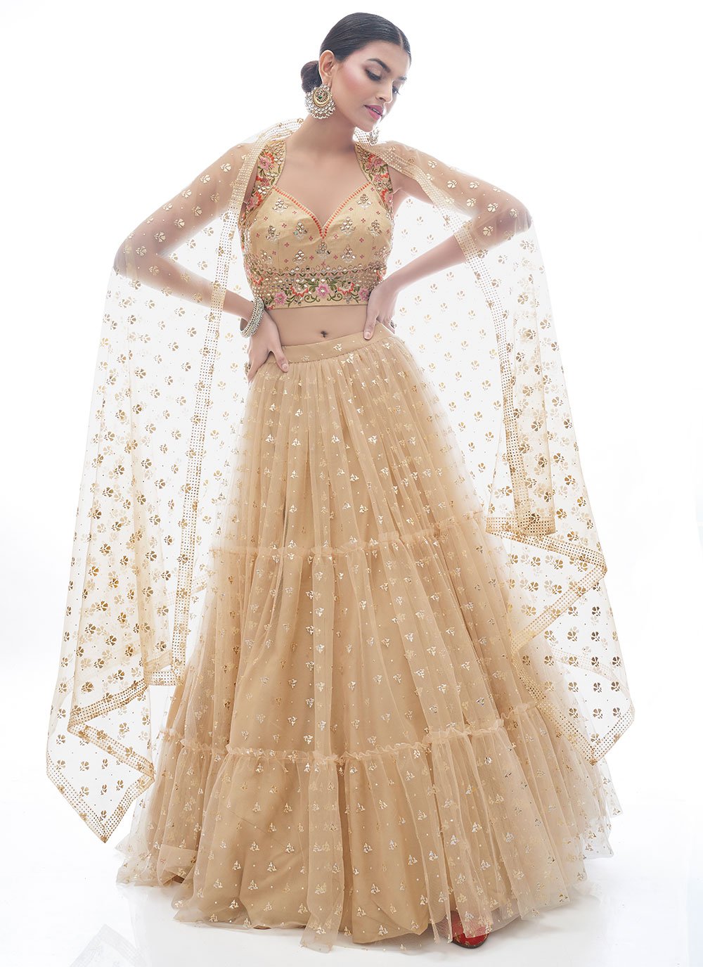 Lehenga Choli Net Beige Hand Work Lehenga Choli