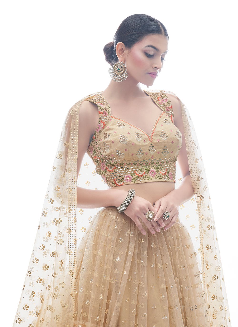 Lehenga Choli Net Beige Hand Work Lehenga Choli