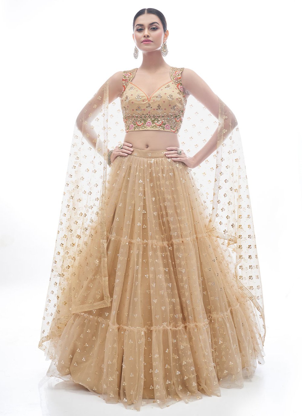 Lehenga Choli Net Beige Hand Work Lehenga Choli