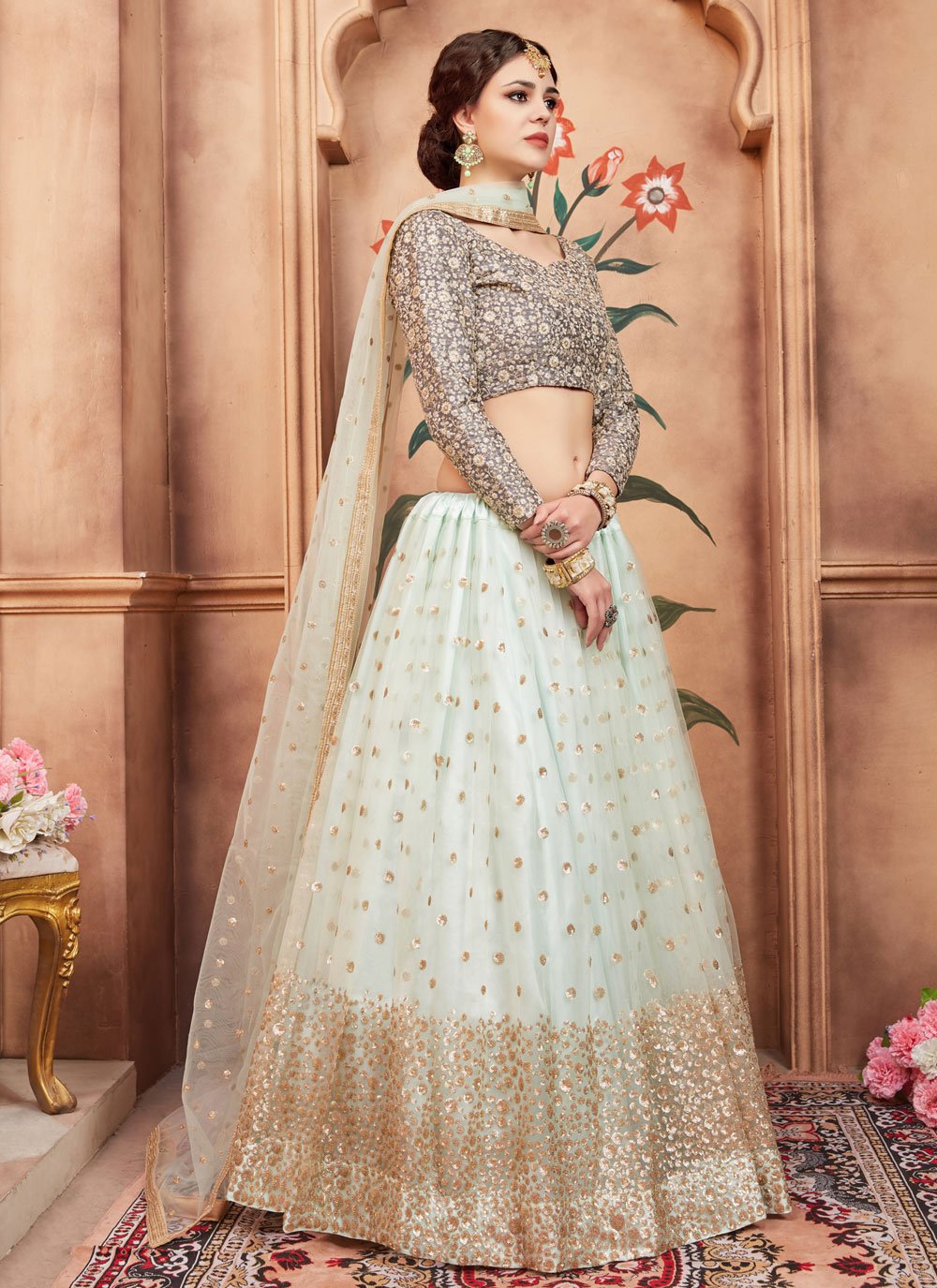 Lehenga Choli Net Aqua Blue Embroidered Lehenga Choli