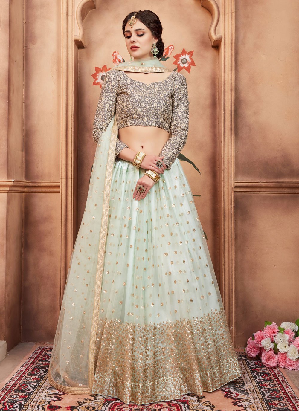 Lehenga Choli Net Aqua Blue Embroidered Lehenga Choli