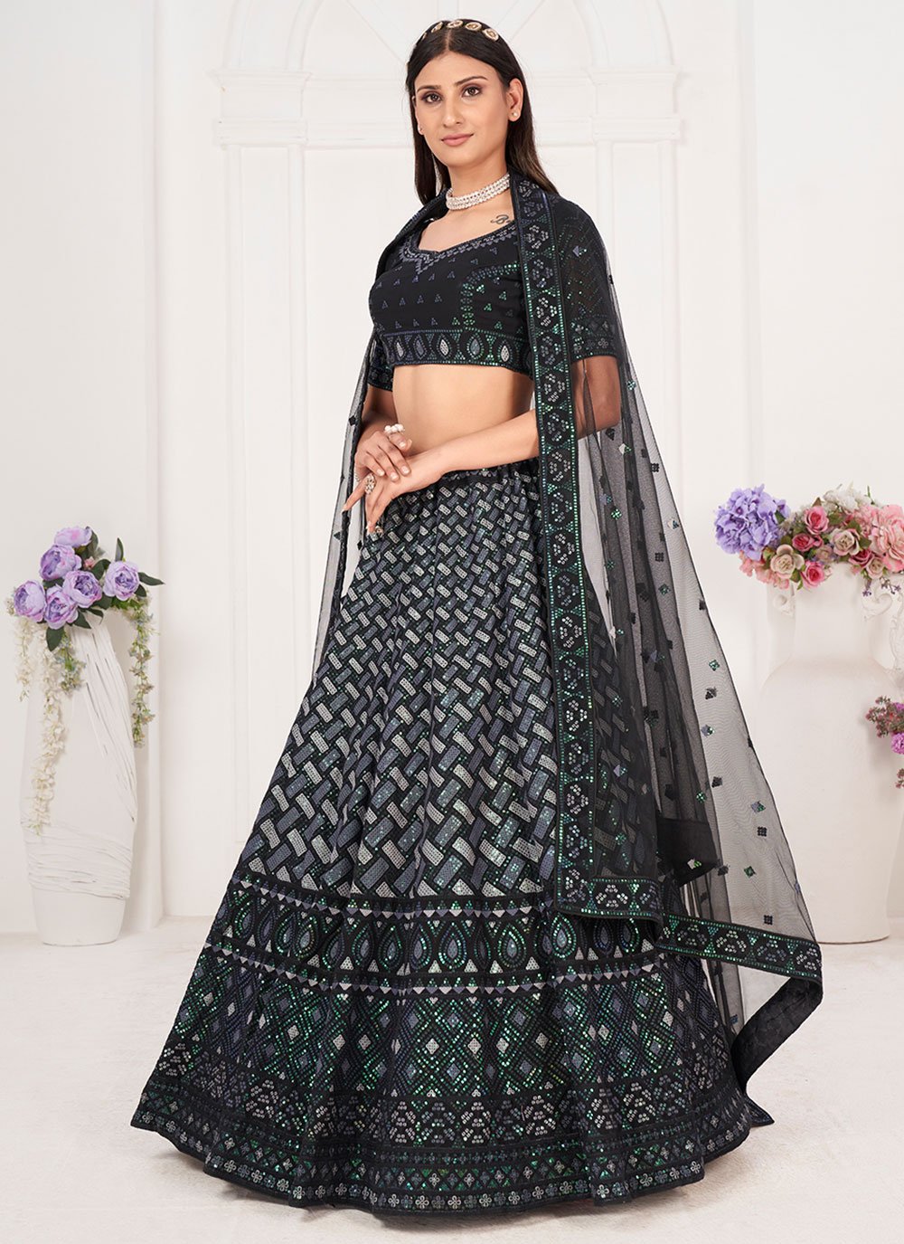 Lehenga Choli Georgette Multi Colour Embroidered Lehenga Choli