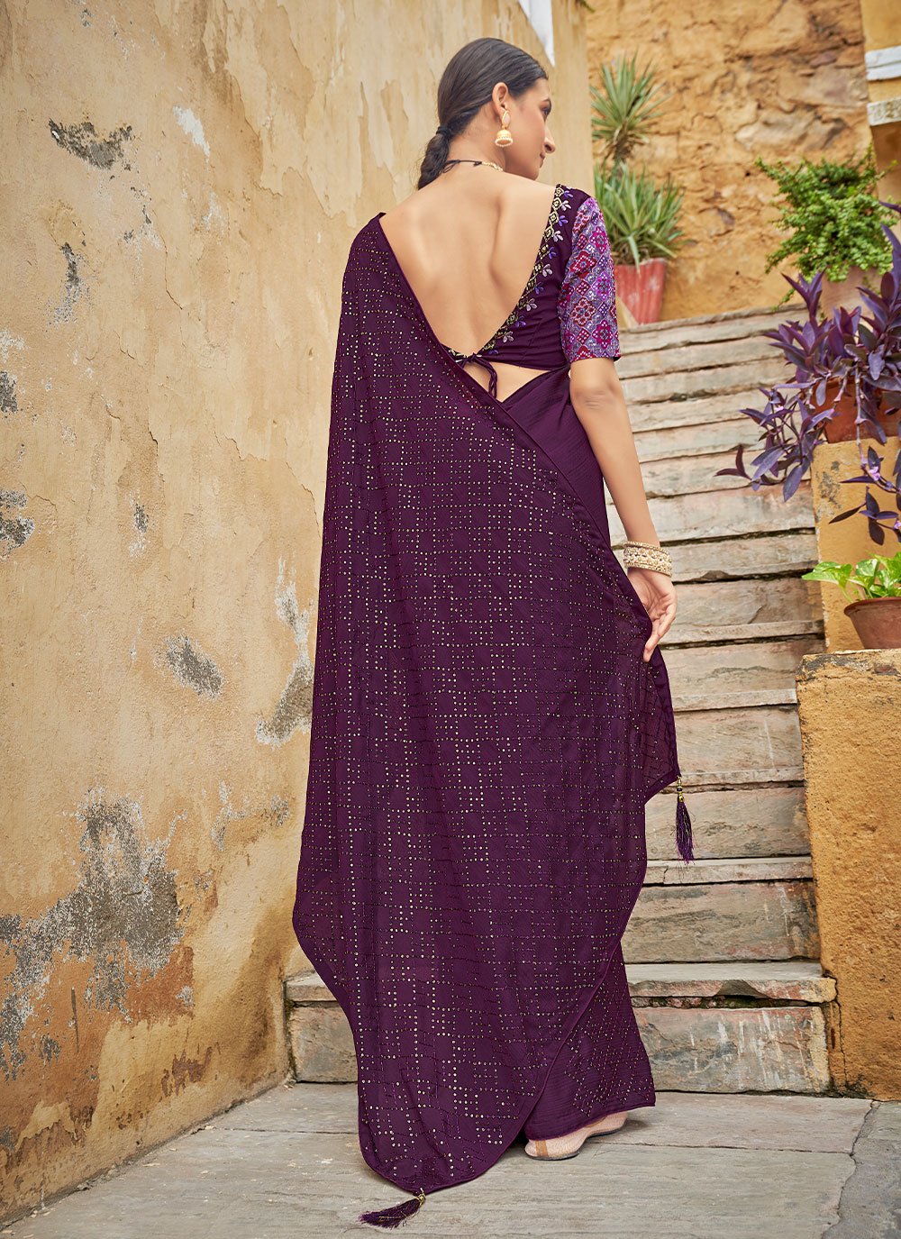 Classic Chinon Purple Sequins Saree