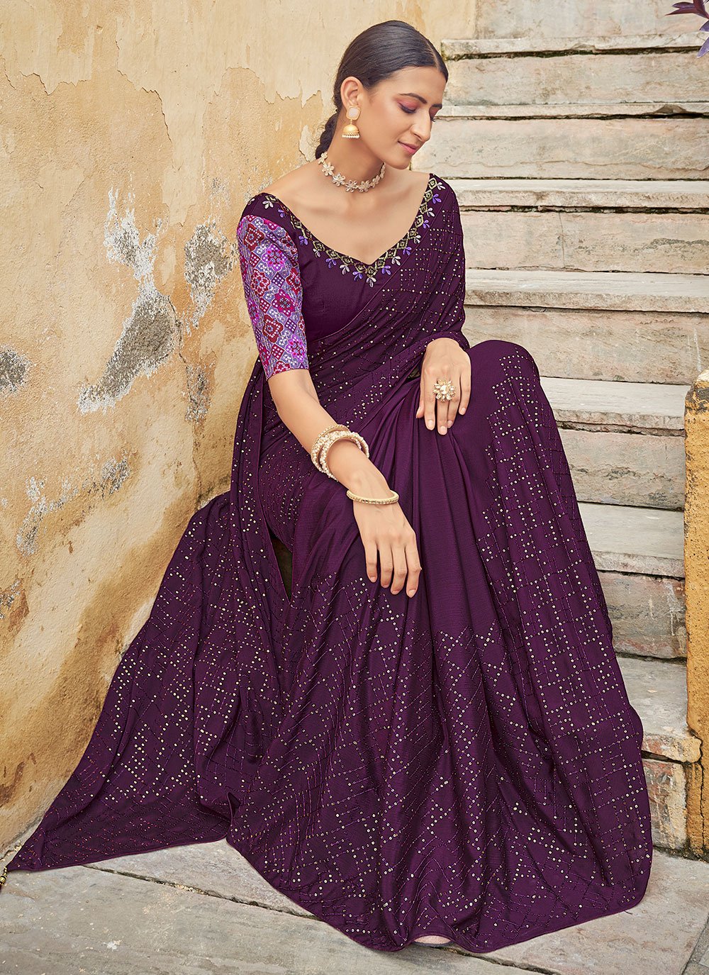 Classic Chinon Purple Sequins Saree