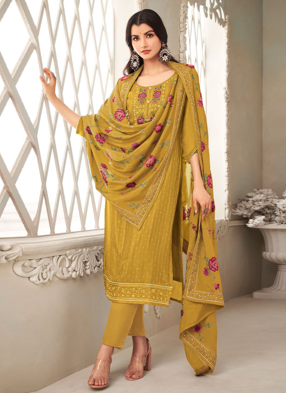 Pant Style Suit Chinon Mustard Sequins Salwar Kameez