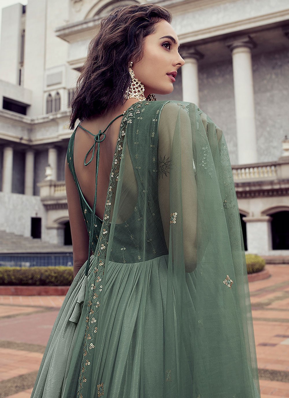 Gown Chinon Green Embroidered Gown