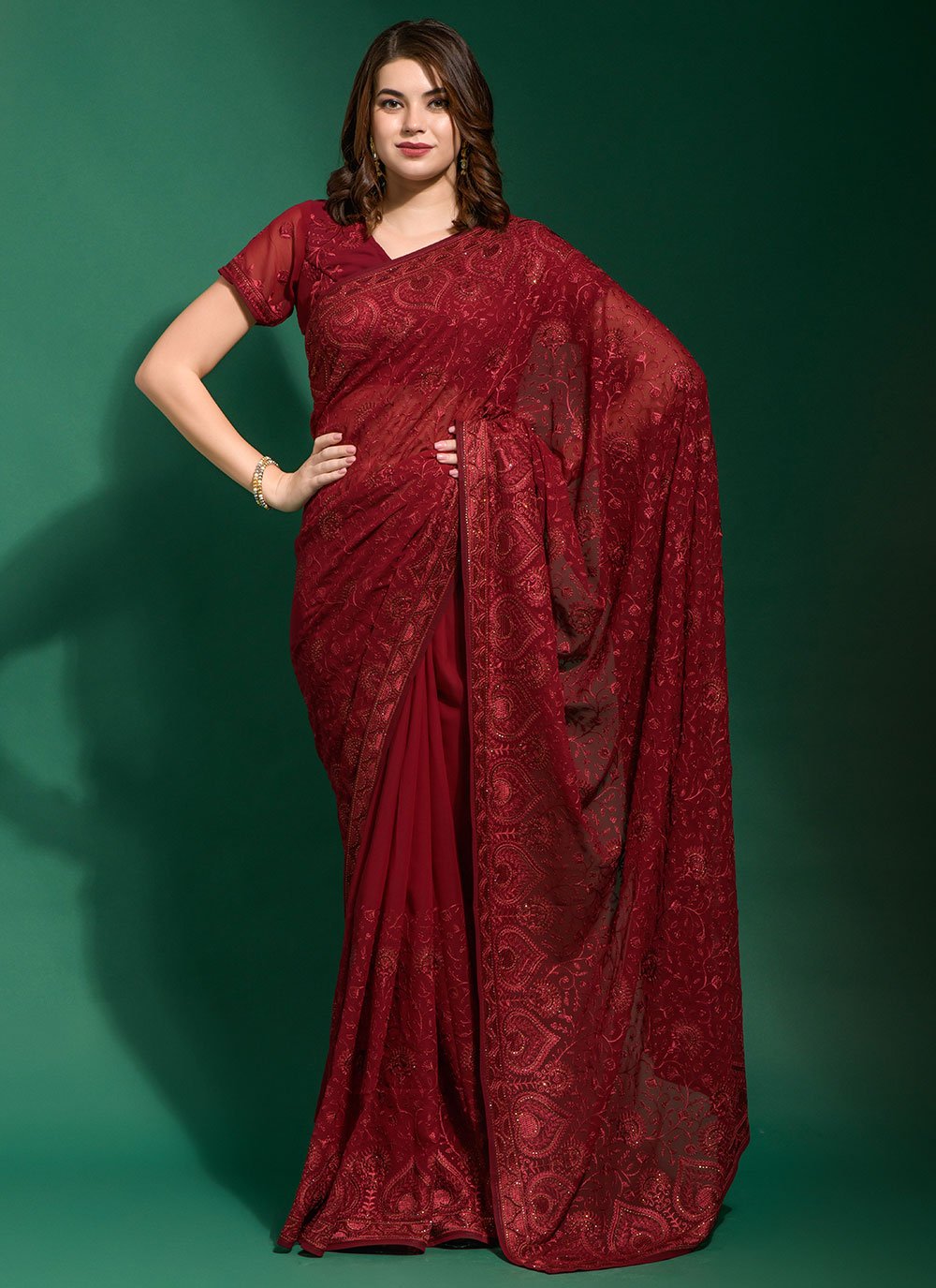 Contemporary Georgette Maroon Diamond Saree