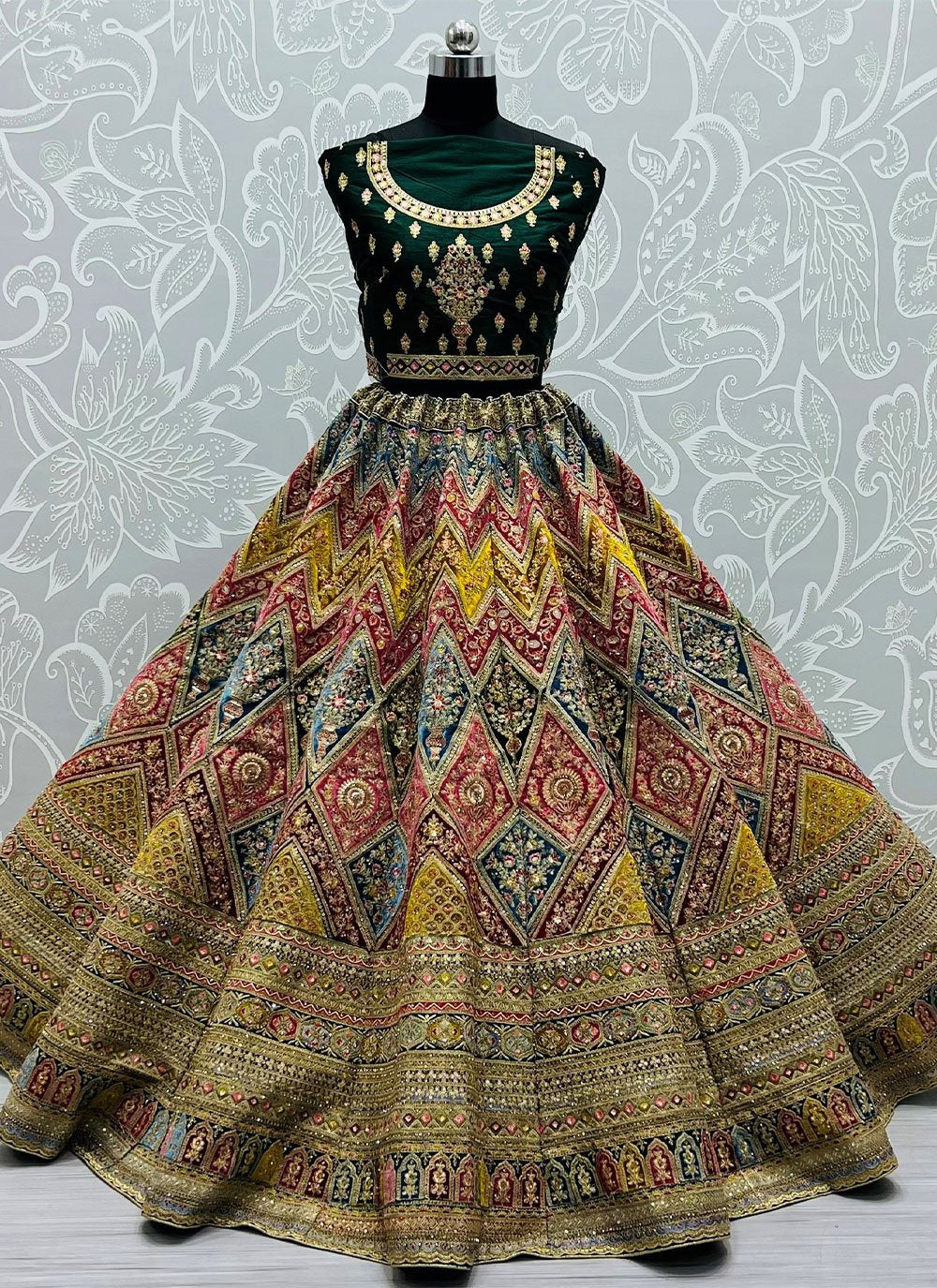 Lehenga Choli Silk Green Sequins Lehenga Choli