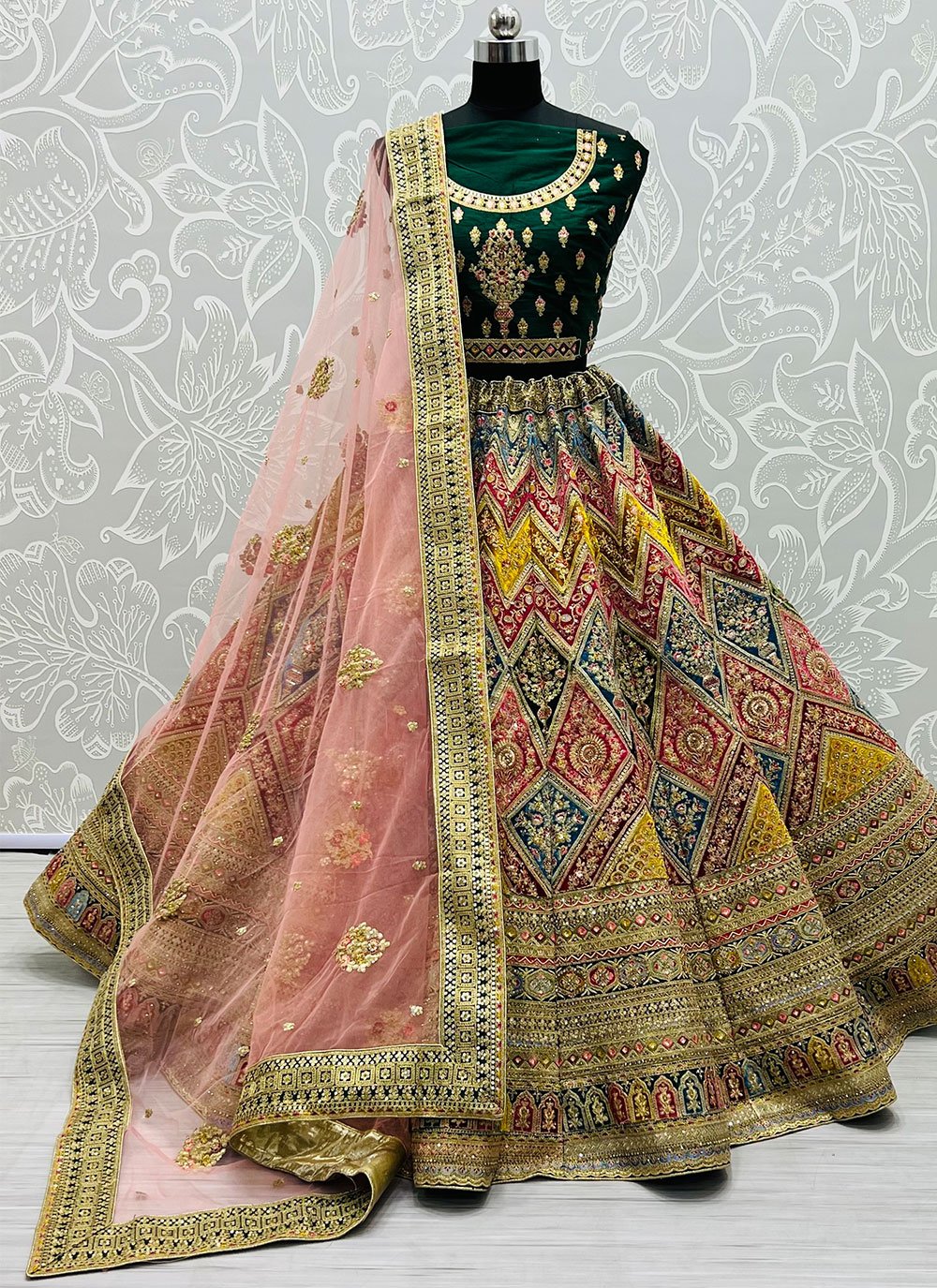 Lehenga Choli Silk Green Sequins Lehenga Choli