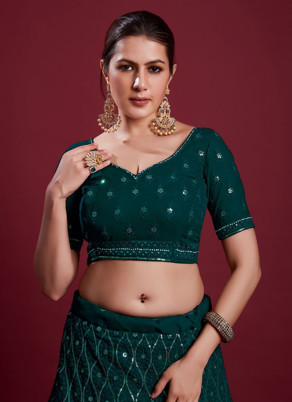 Lehenga Choli Georgette Green Gota Work Lehenga Choli