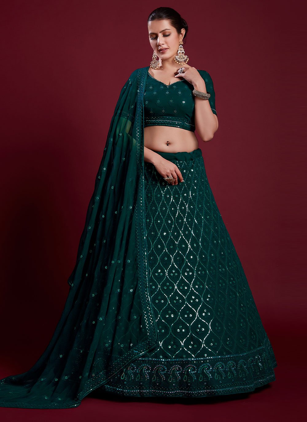 Lehenga Choli Georgette Green Gota Work Lehenga Choli