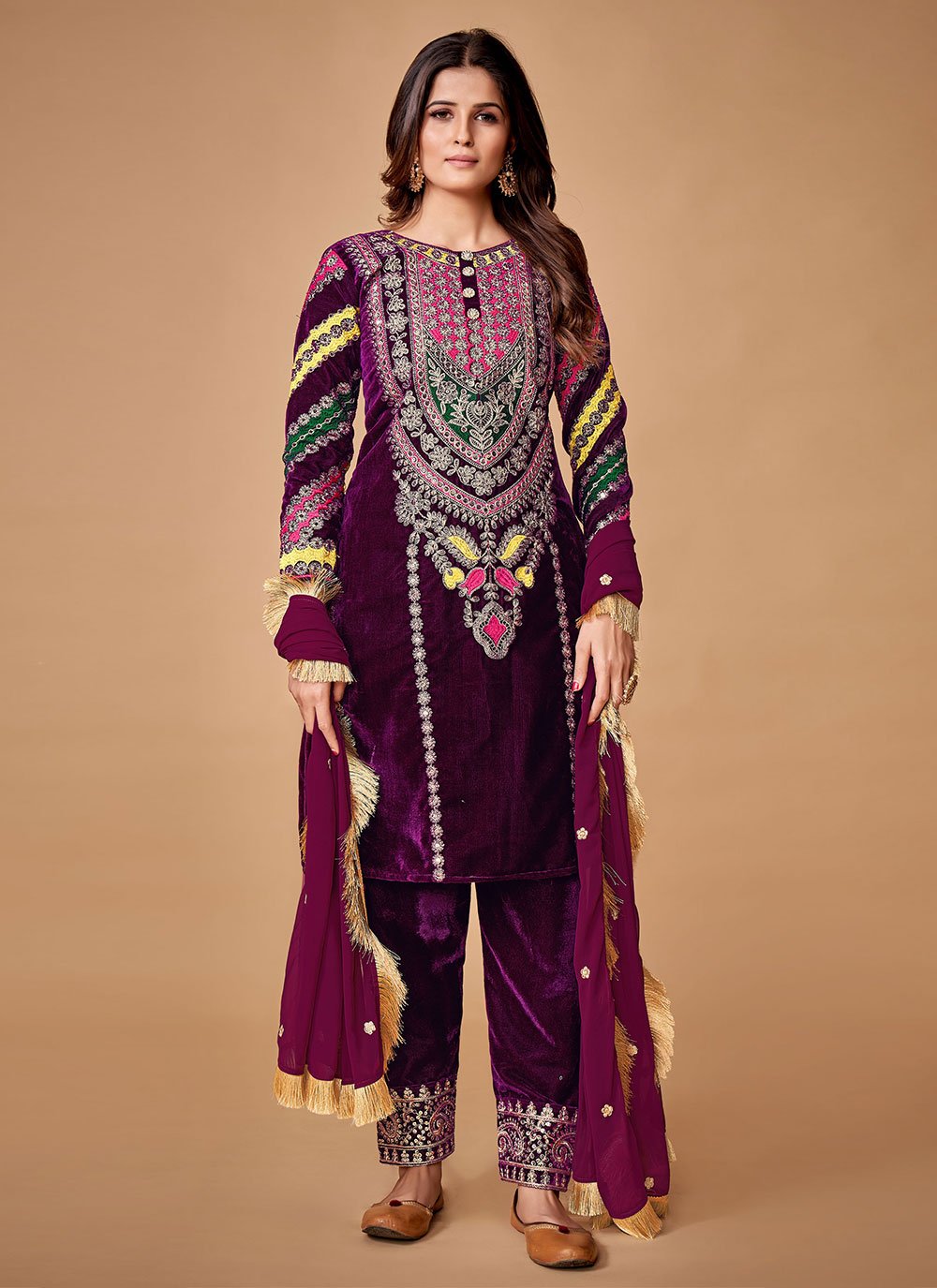 Salwar Suit Velvet Wine Dori Work Salwar Kameez