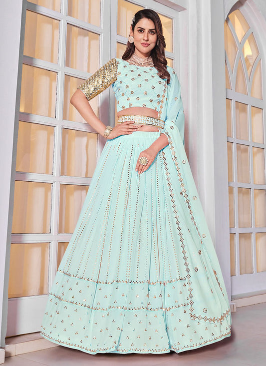 A Line Lehenga Georgette Aqua Blue Embroidered Lehenga Choli