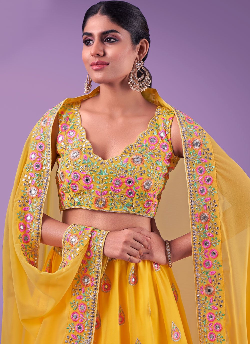 A Line Lehenga Georgette Yellow Mirror Lehenga Choli