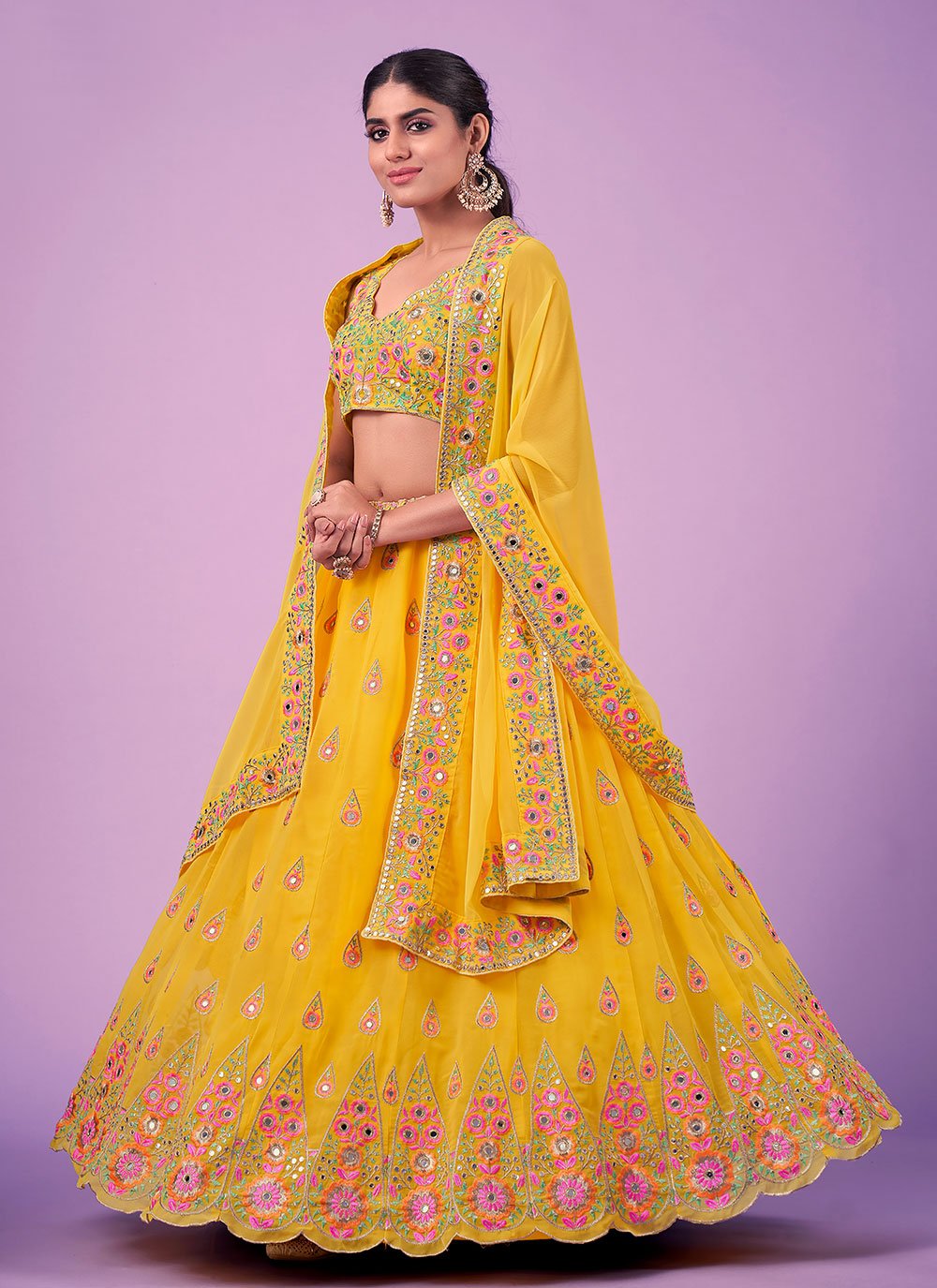 A Line Lehenga Georgette Yellow Mirror Lehenga Choli