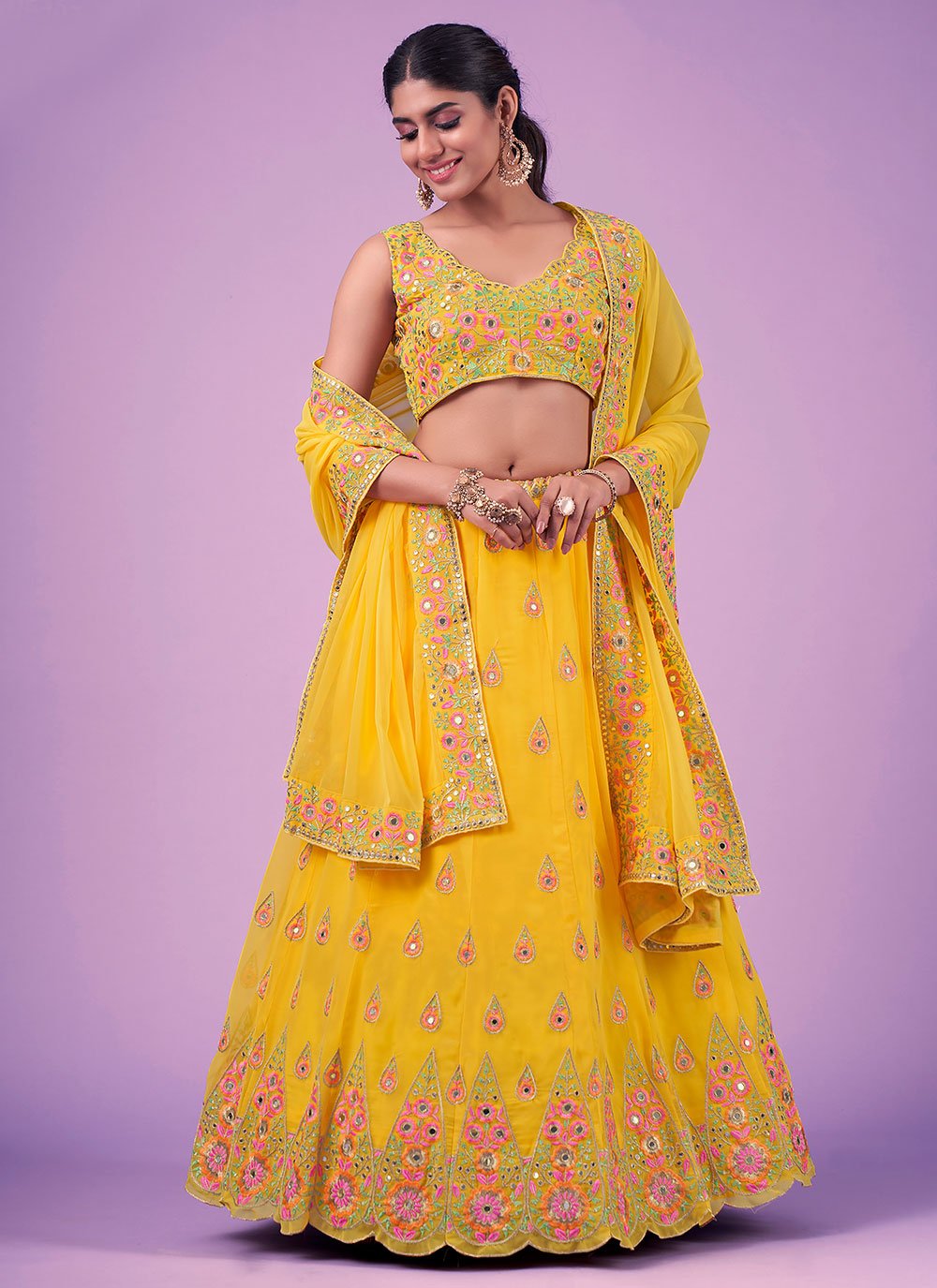 A Line Lehenga Georgette Yellow Mirror Lehenga Choli