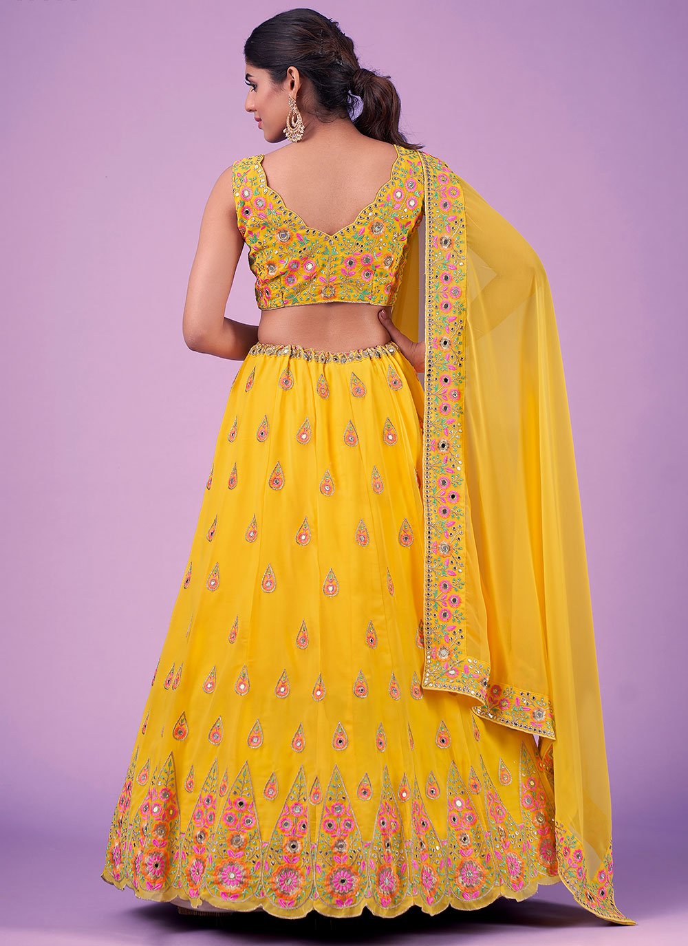 A Line Lehenga Georgette Yellow Mirror Lehenga Choli