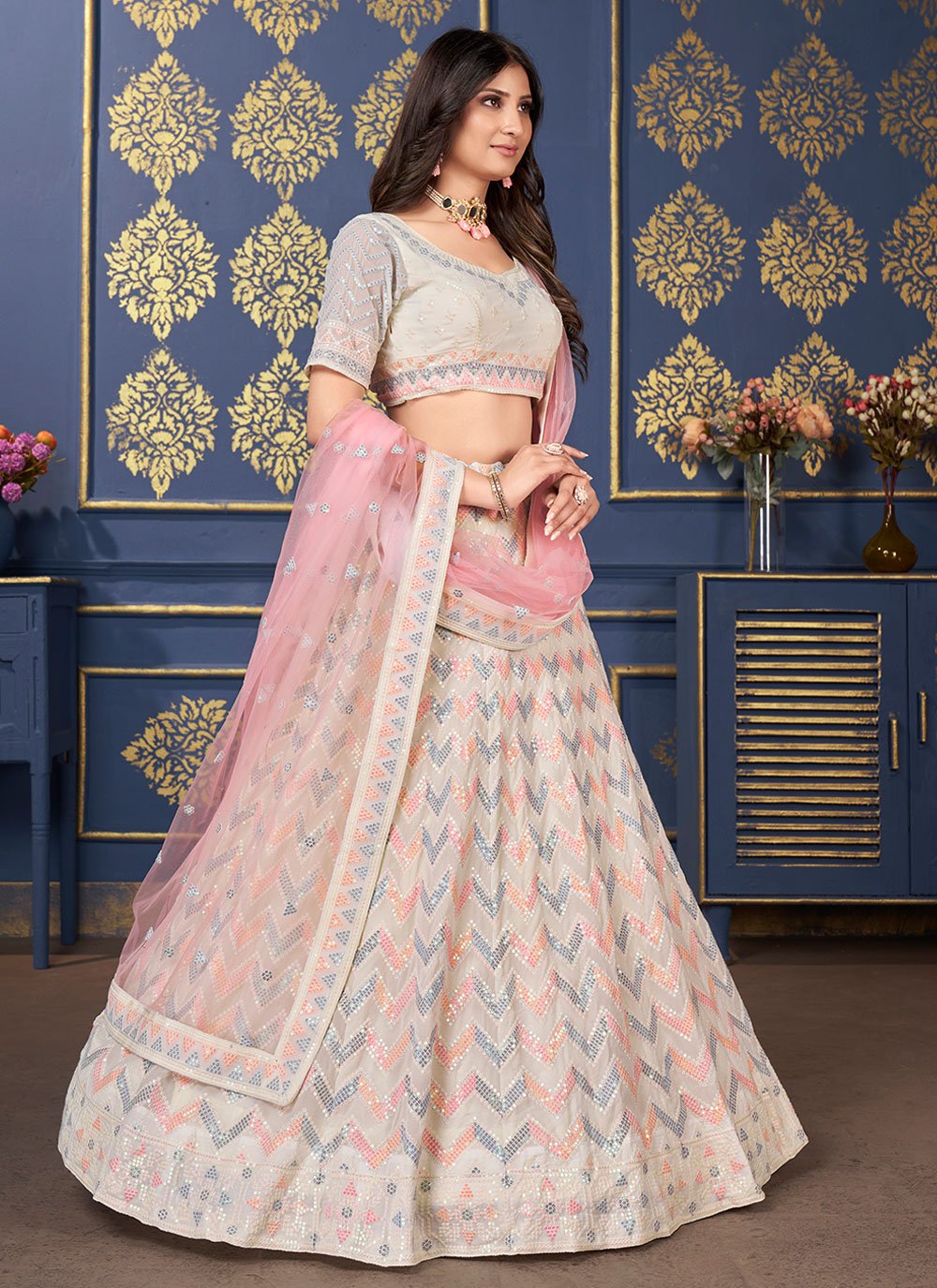 Lehenga Choli Georgette Beige Embroidered Lehenga Choli