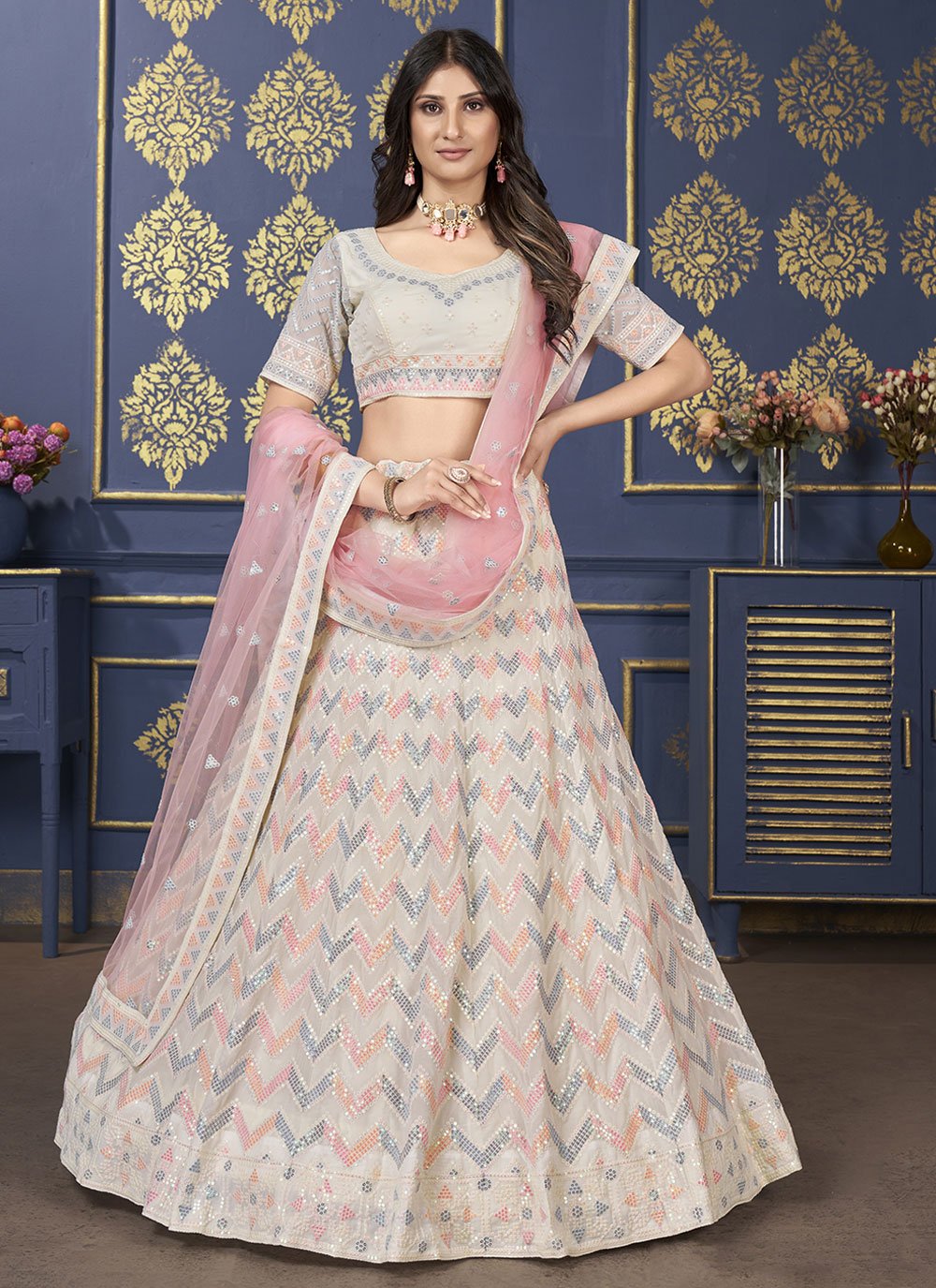 Lehenga Choli Georgette Beige Embroidered Lehenga Choli