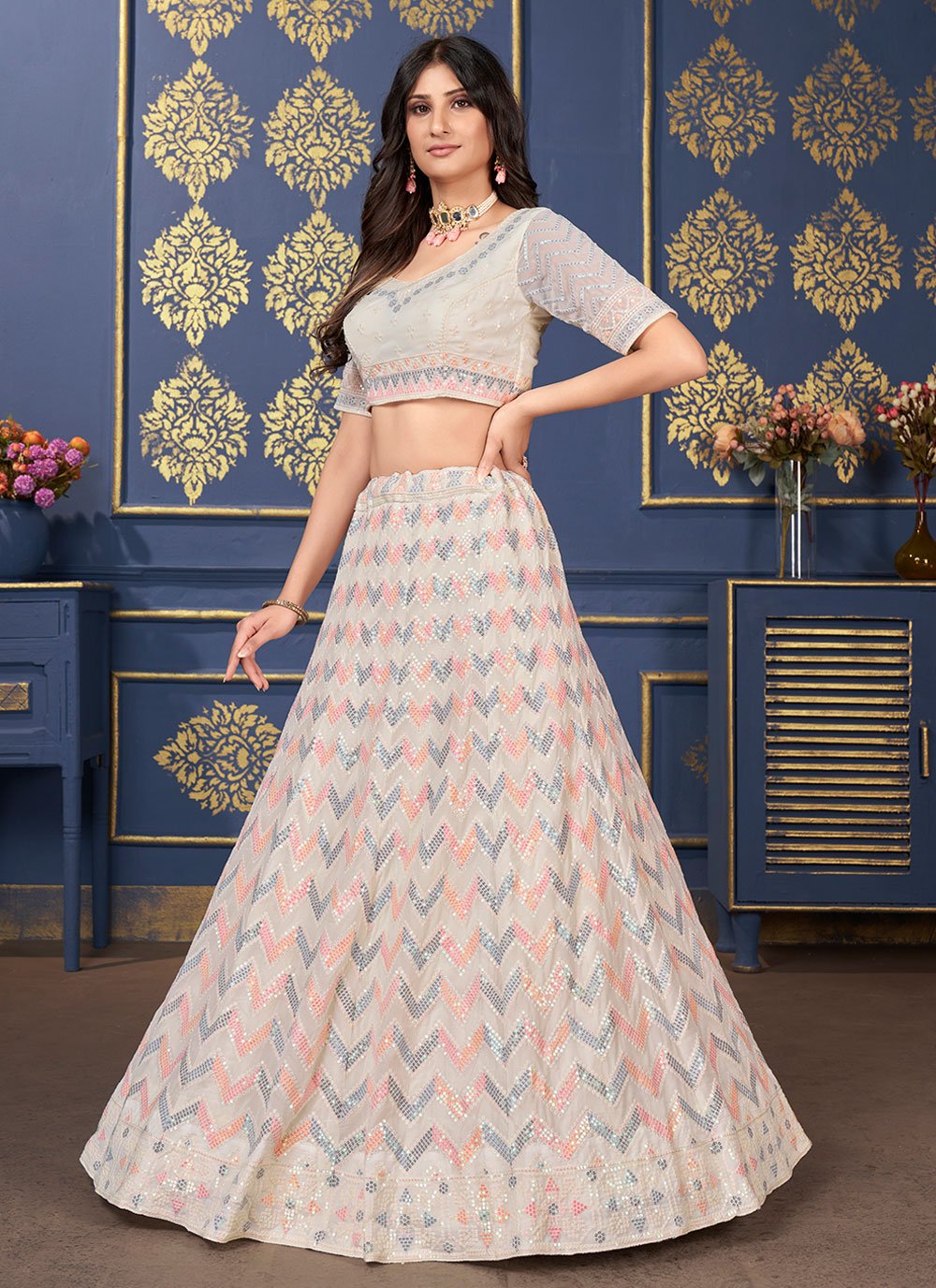 Lehenga Choli Georgette Beige Embroidered Lehenga Choli