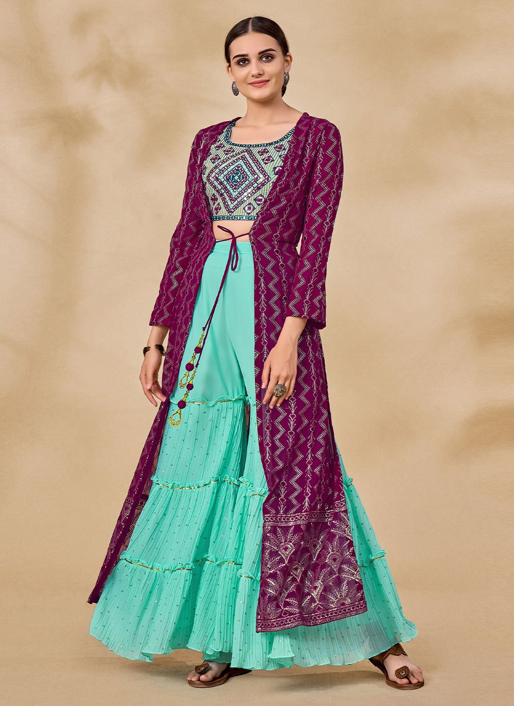 Palazzo Salwar Suit Georgette Wine Sequins Salwar Kameez