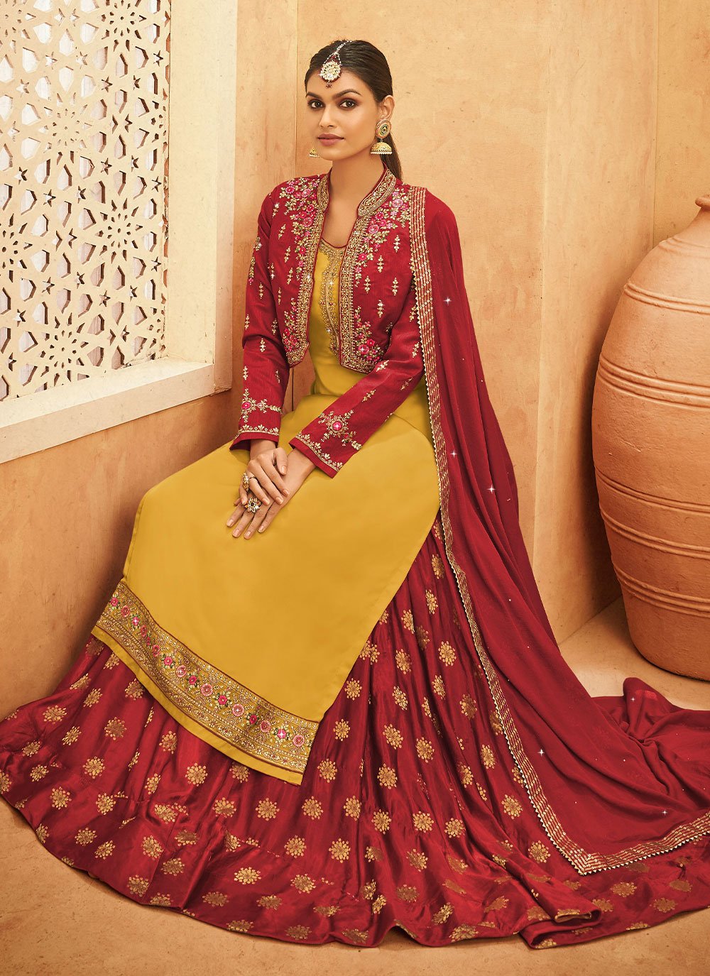 A Line Lehenga Georgette Satin Mustard Embroidered Lehenga Choli