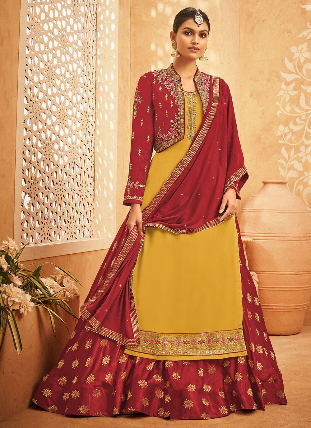 A Line Lehenga Georgette Satin Mustard Embroidered Lehenga Choli