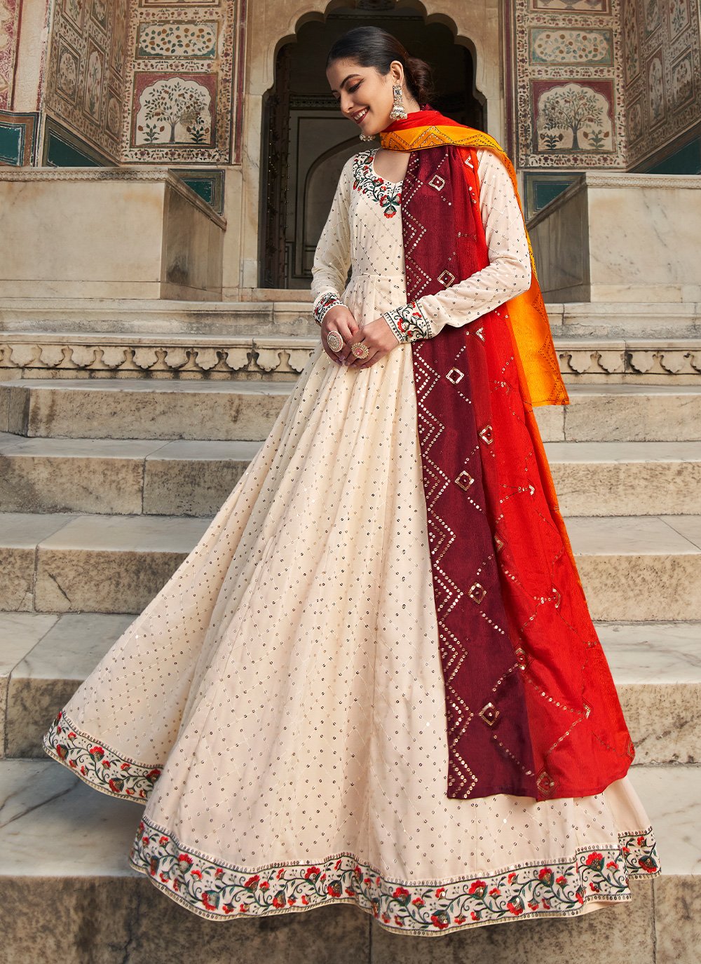 Gown Georgette Cream Embroidered Gown