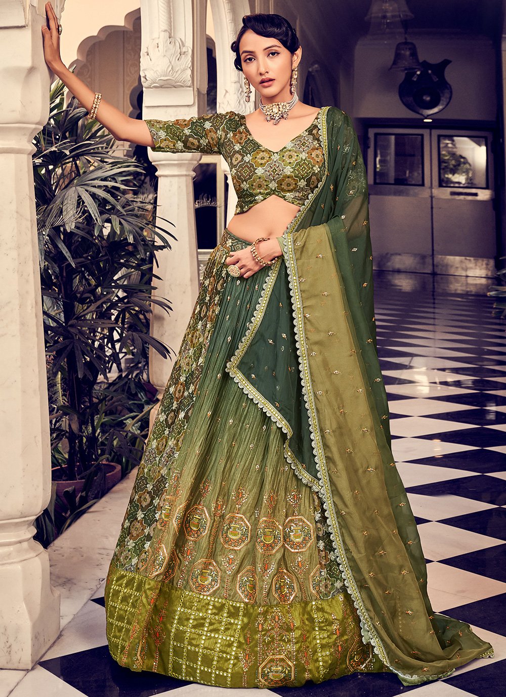 Lehenga Choli Silk Green Sequins Lehenga Choli