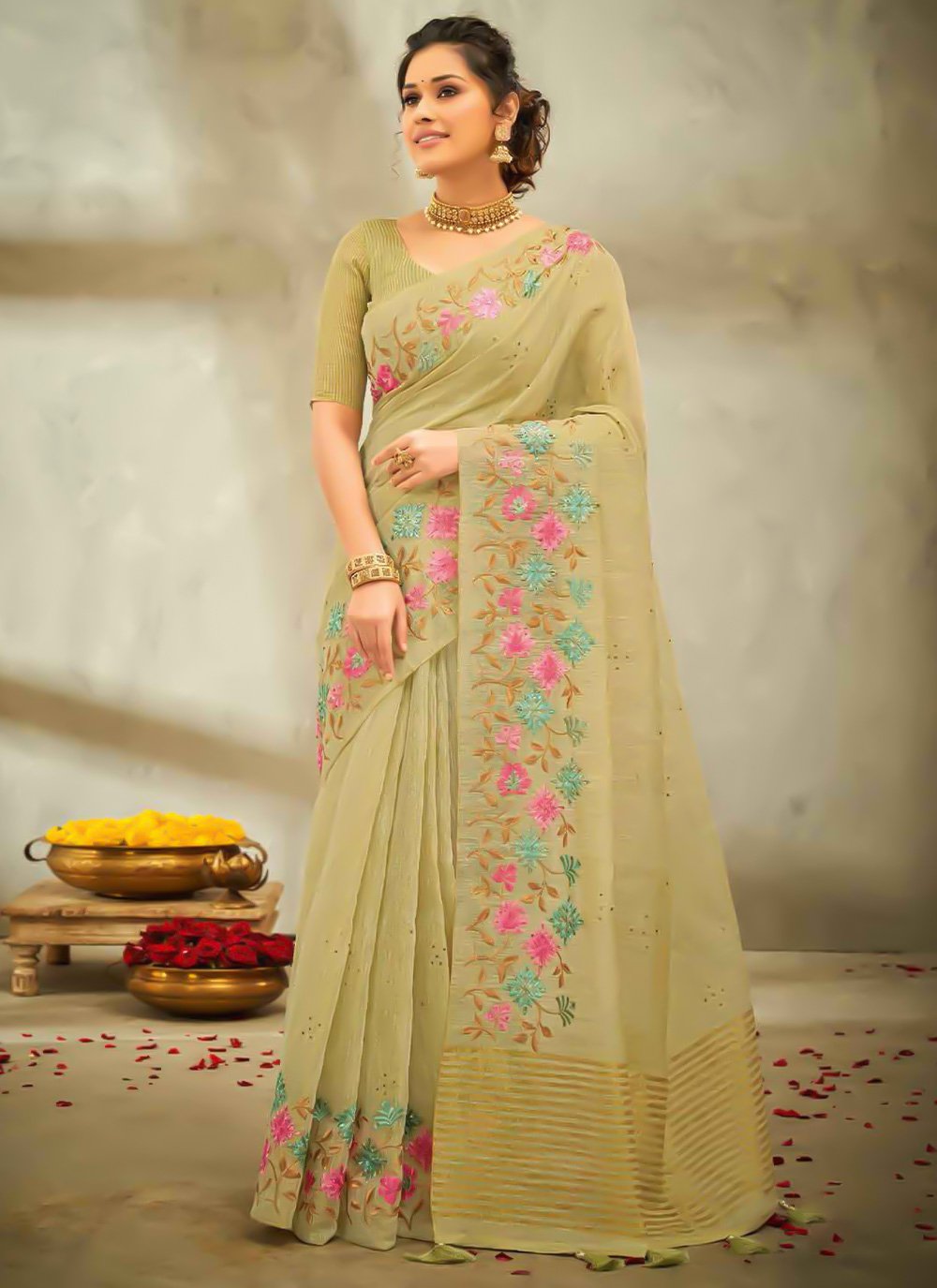 Classic Cotton Linen Sea Green Embroidered Saree