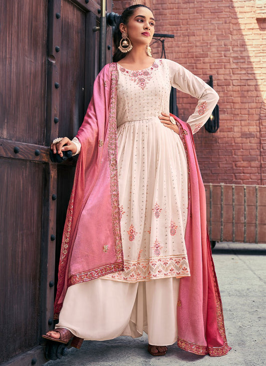 Salwar Suit Georgette Off White Embroidered Salwar Kameez