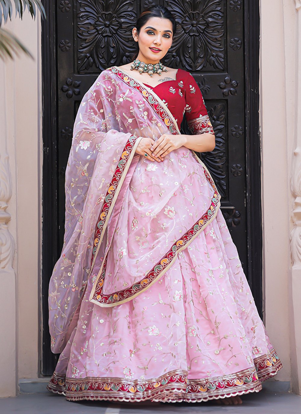 Lehenga Choli Organza Pink Embroidered Lehenga Choli