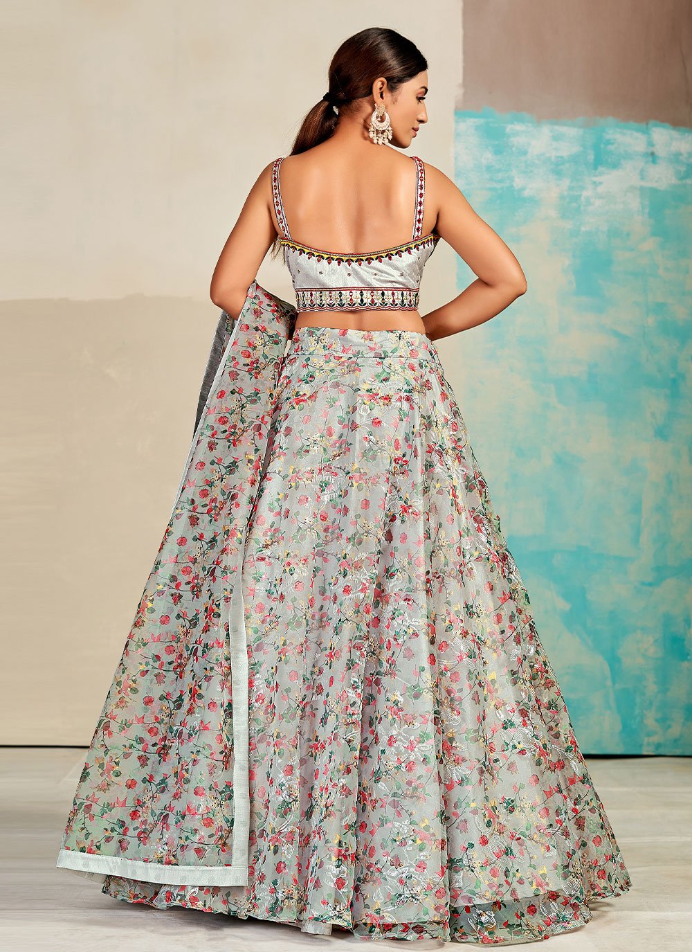 Lehenga Choli Organza Aqua Blue Digital Print Lehenga Choli