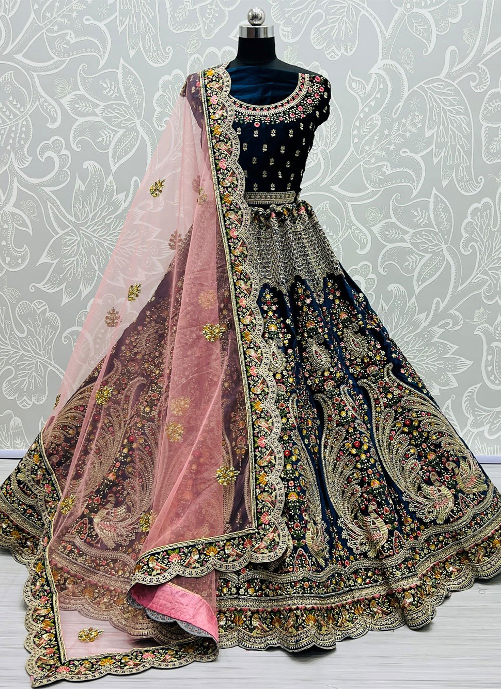 A Line Lehenga Velvet Green Diamond Lehenga Choli