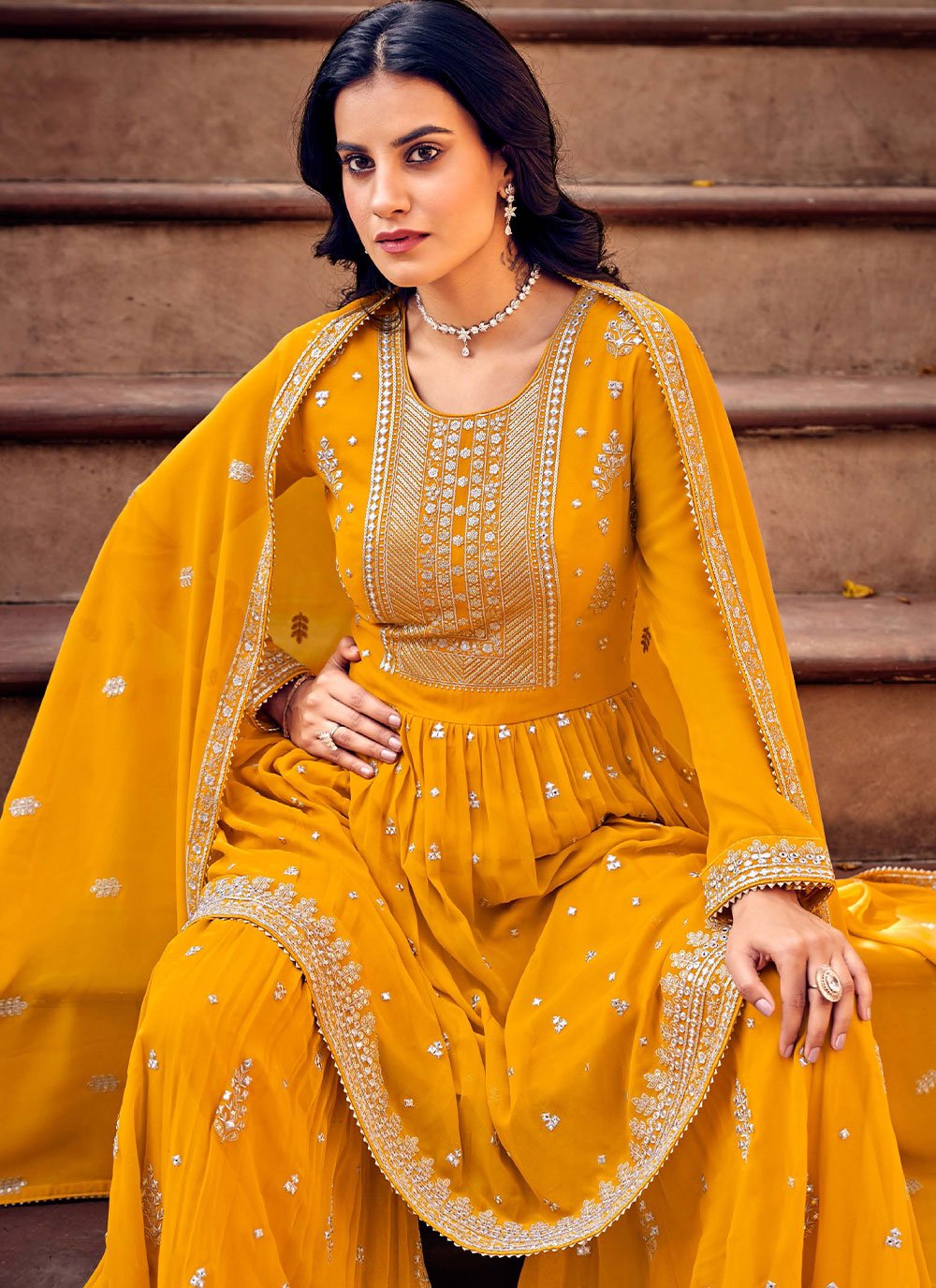 Salwar Suit Georgette Mustard Embroidered Salwar Kameez