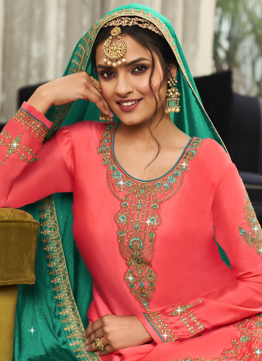 A Line Lehenga Georgette Satin Pink Embroidered Lehenga Choli