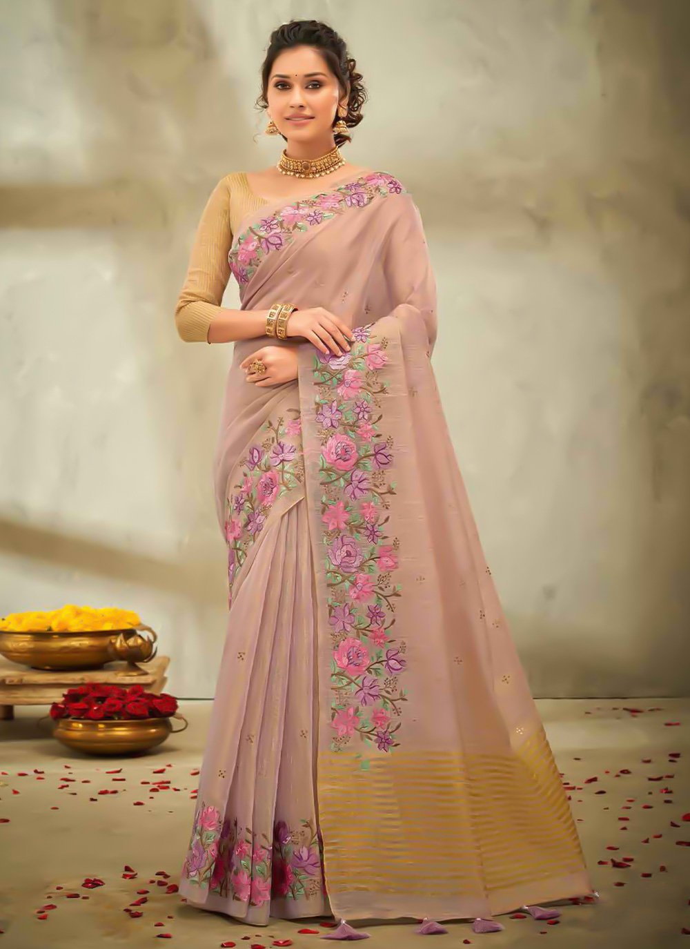 Classic Cotton Linen Pink Embroidered Saree