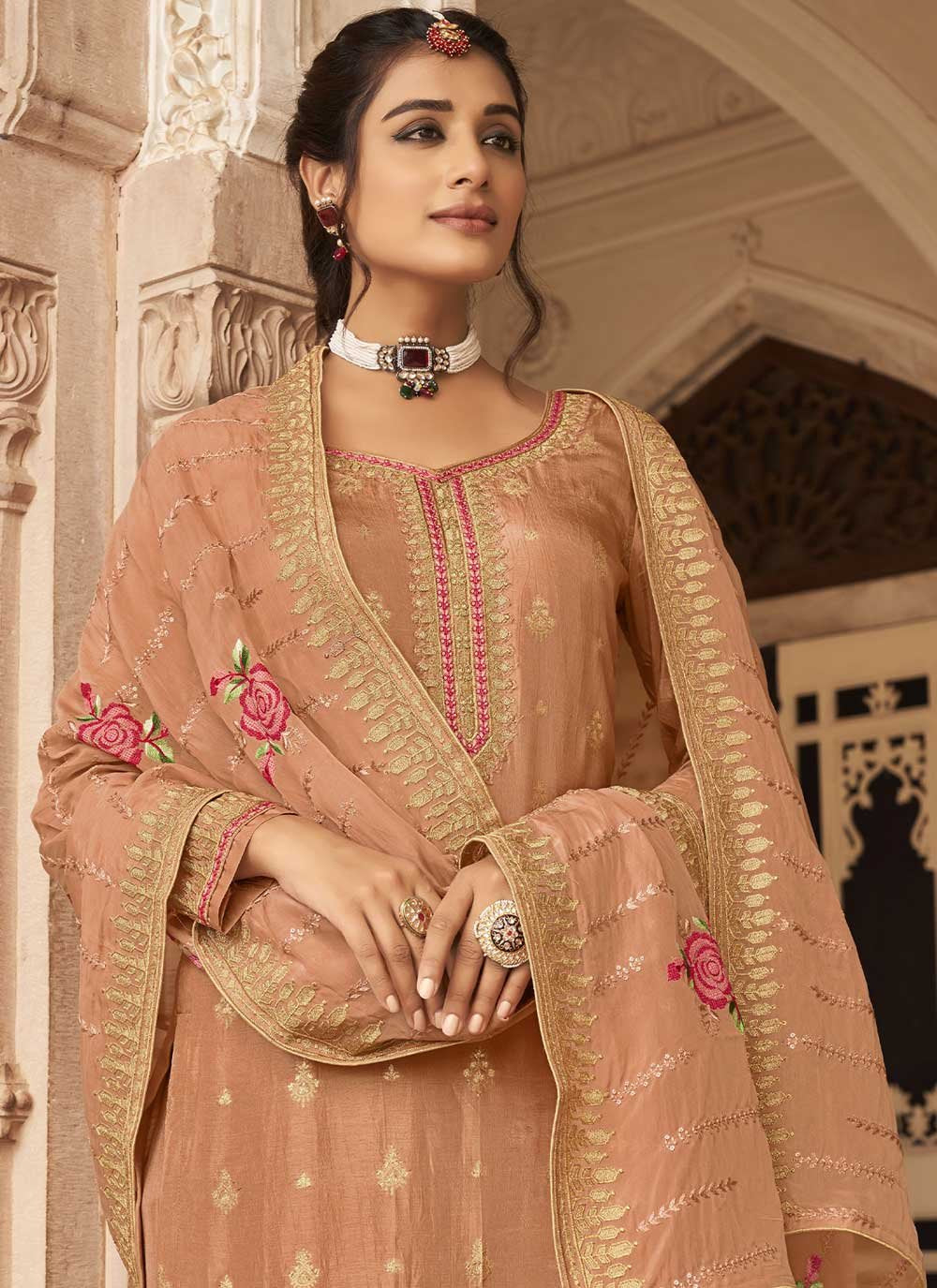 Floor Lenght Salwar Suit Jacquard Pure Dola Brown Embroidered Salwar Kameez